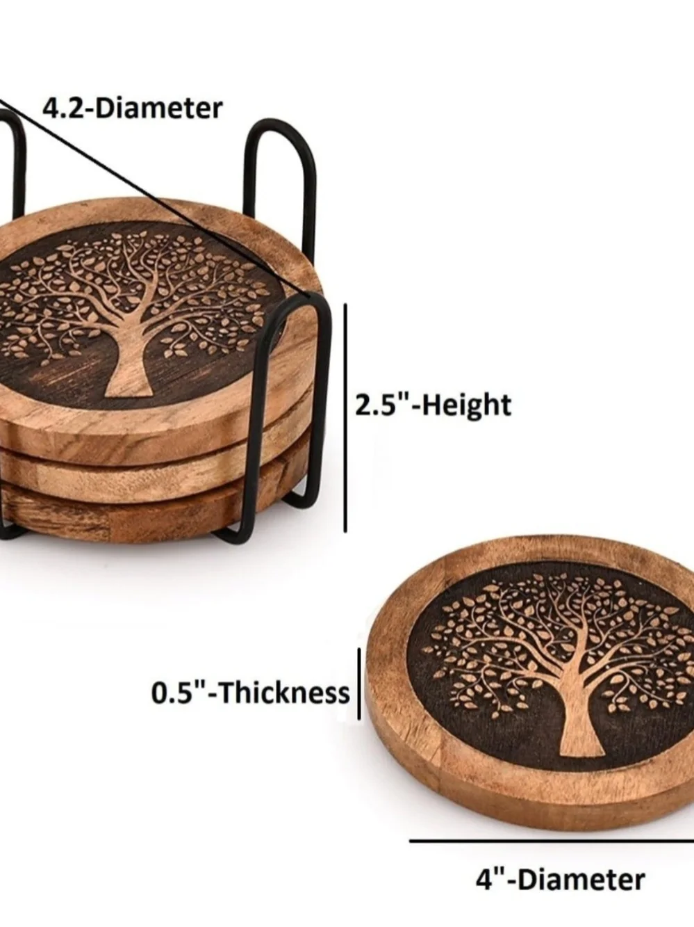 Wooden Tree Carved Coaster Set with Black Holder - Natural Brown